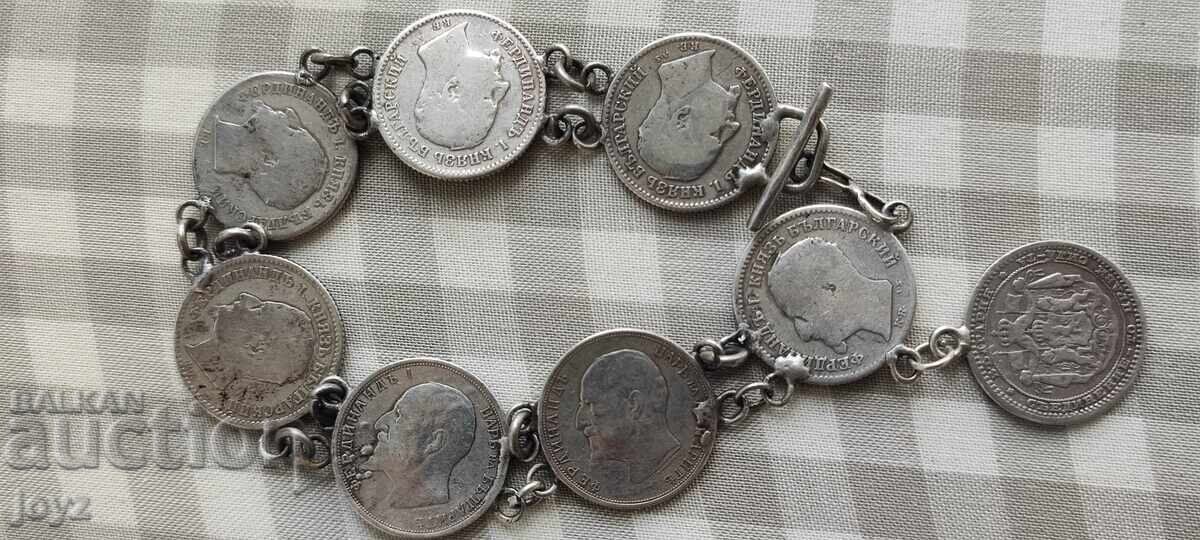 Auction  OLD SILVER BRACELET (22.34 g) of 8 COINS 50 stotinki 1883-1913