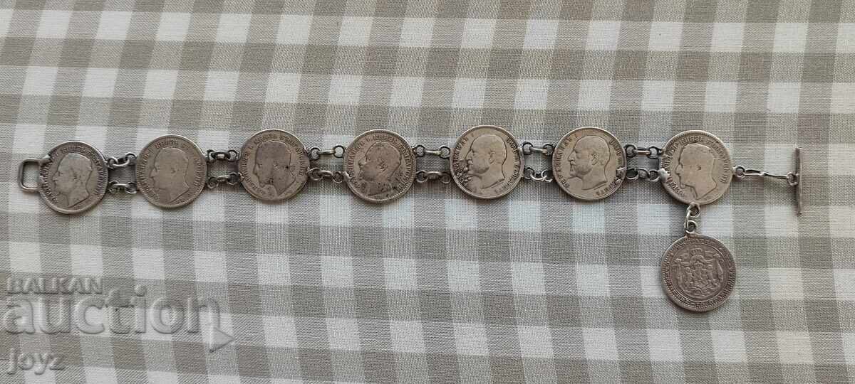 Delivery of OLD SILVER BRACELET (22.34 g) of 8 COINS 50 stotinki 1883-1913