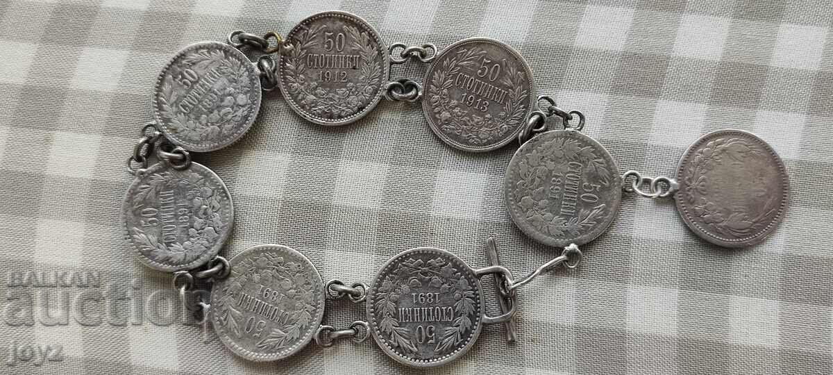OLD SILVER BRACELET (22.34 g) of 8 COINS 50 stotinki 1883-1913