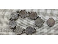 OLD SILVER BRACELET (22.34 g) of 8 COINS 50 stotinki 1883-1913