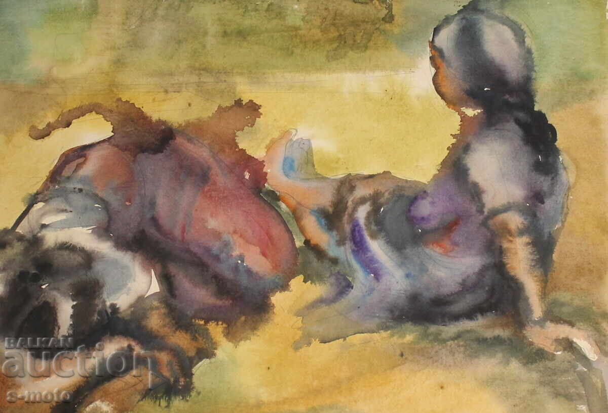 Tablou vechi acuarelă peisaj ''La câmp'' cu preț 300.00 BGN | € 153.39