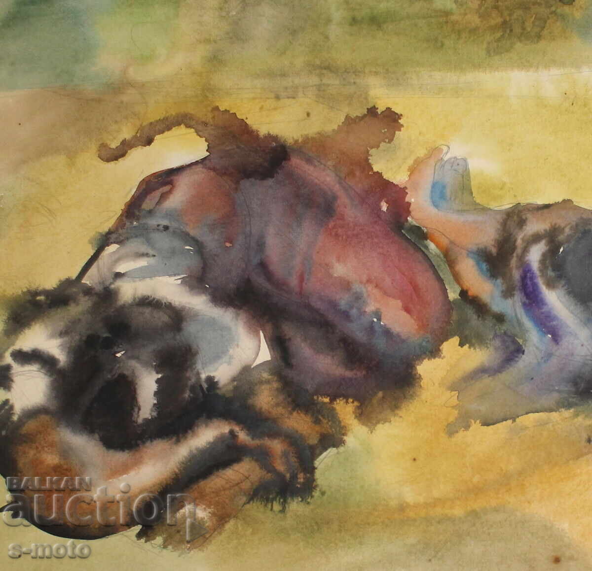 Licitație Tablou vechi acuarelă peisaj ''La câmp''