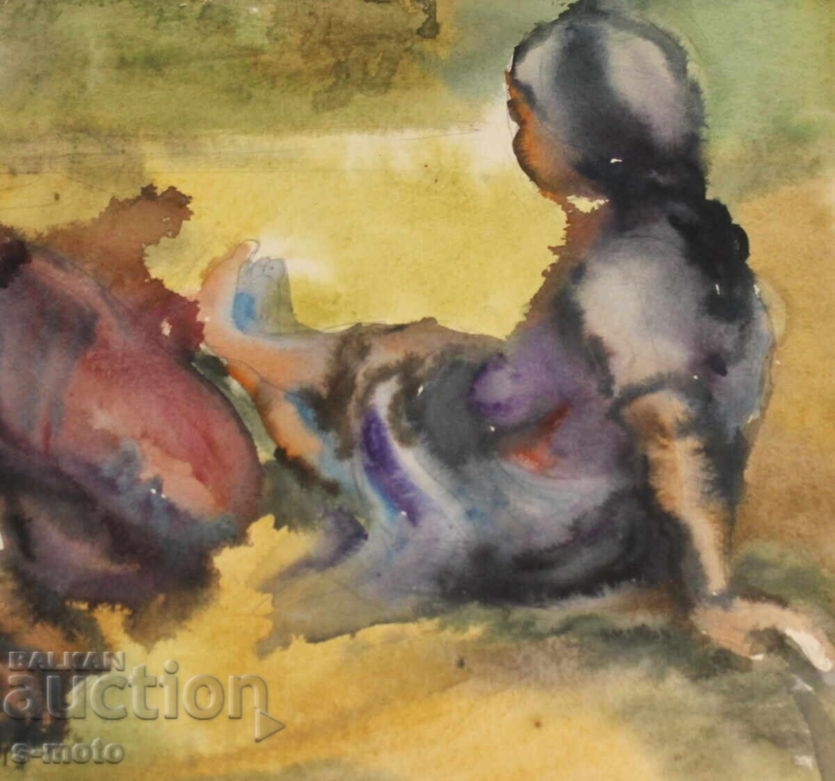 Tablou vechi acuarelă peisaj ''La câmp'' - 5