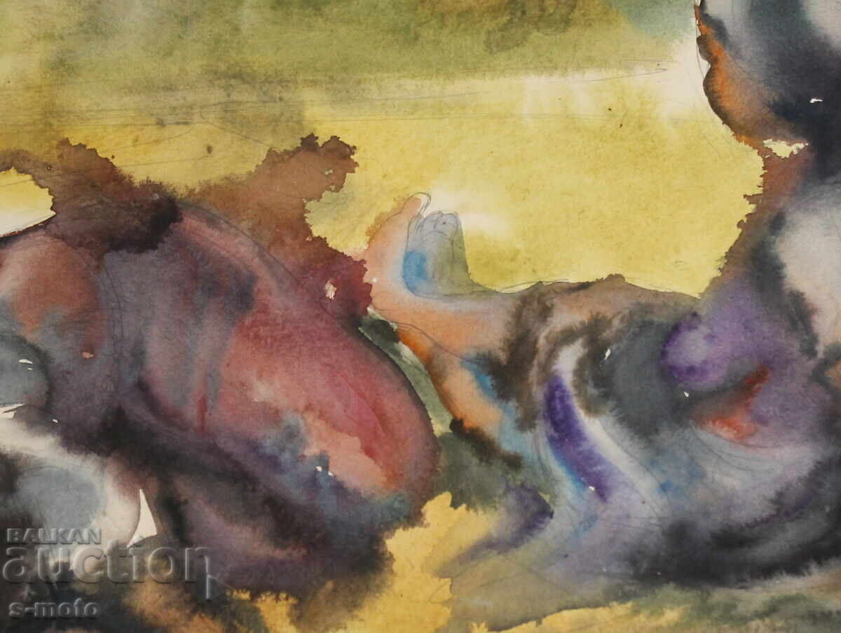 Tablou vechi acuarelă peisaj ''La câmp'' - 6