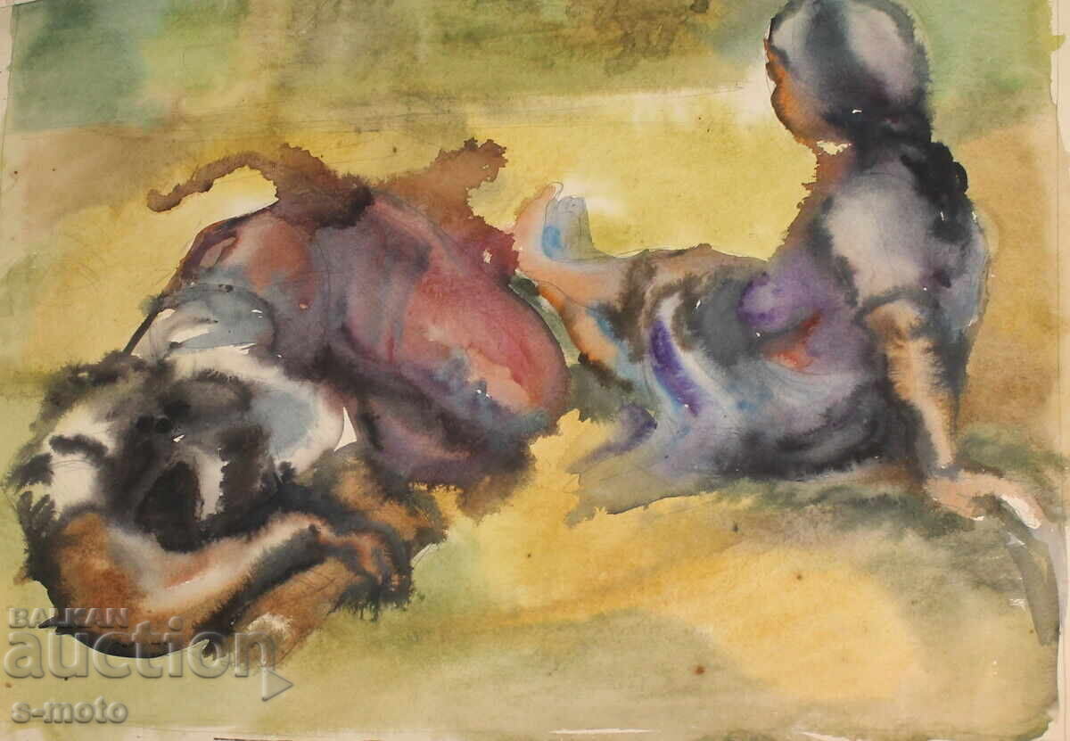 Tablou vechi acuarelă peisaj ''La câmp''