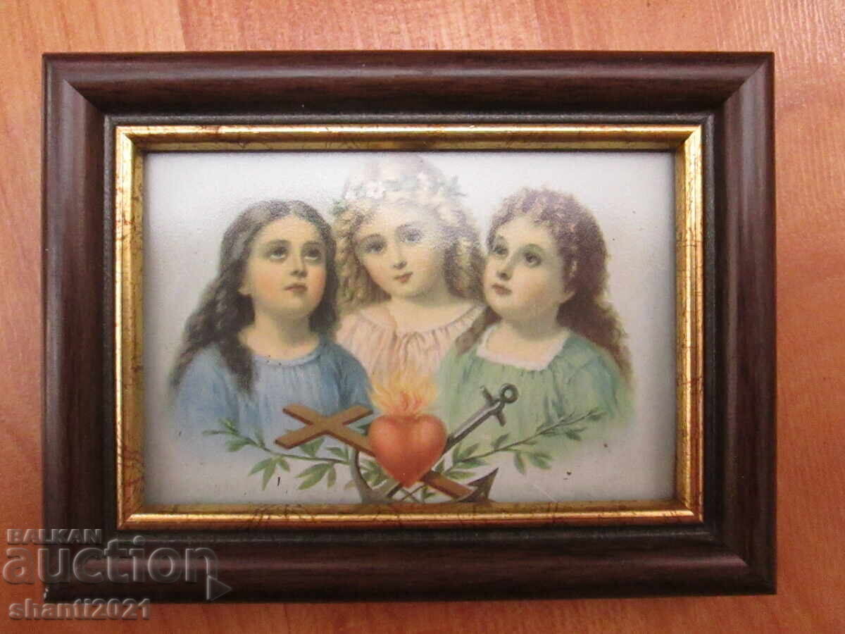 Old mini lithograph - Faith, Hope and Love, 12x9cm