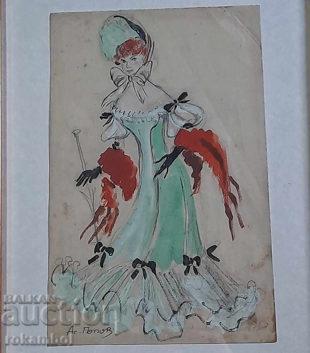 Tablou vechi guașă de pictor Asen Popov - 5 Tablou vechi guașă de pictor Asen Popov - 5