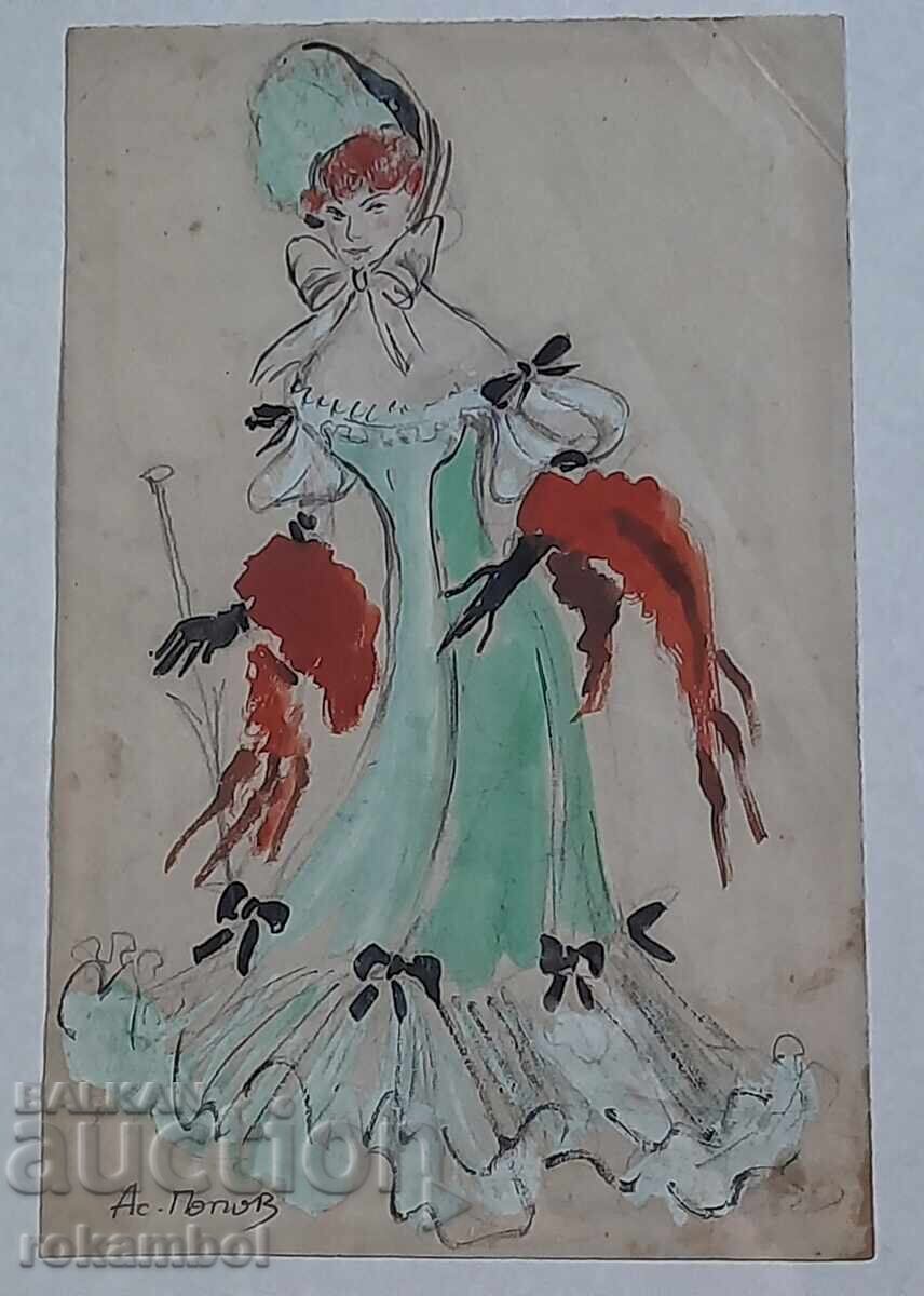 Tablou vechi guașă de pictor Asen Popov Tablou vechi guașă de pictor Asen Popov