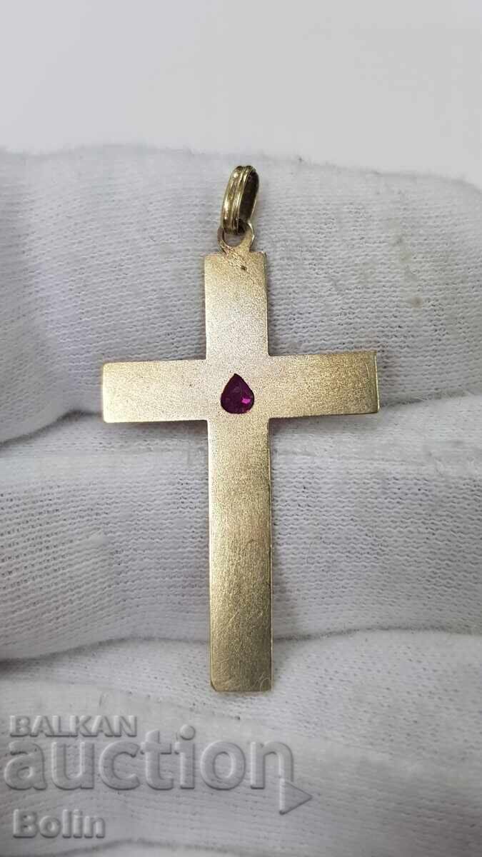 Κομψός χρυσός Βικτοριανός σταυρός, σταυρουδάκι με ρουμπίνι 19ου αιώνα με τιμή 550.00 BGN | € 281.21