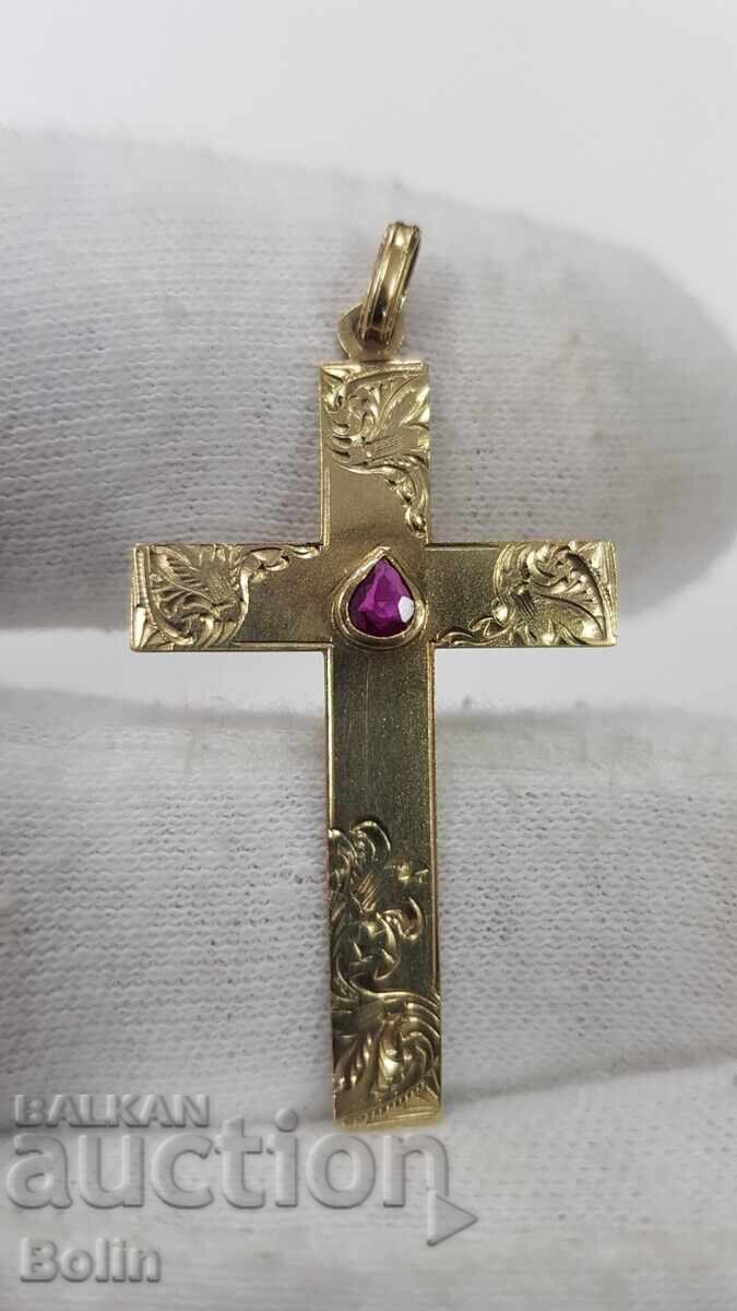 Δημοπρασία Κομψός χρυσός Βικτοριανός σταυρός, σταυρουδάκι με ρουμπίνι 19ου αιώνα