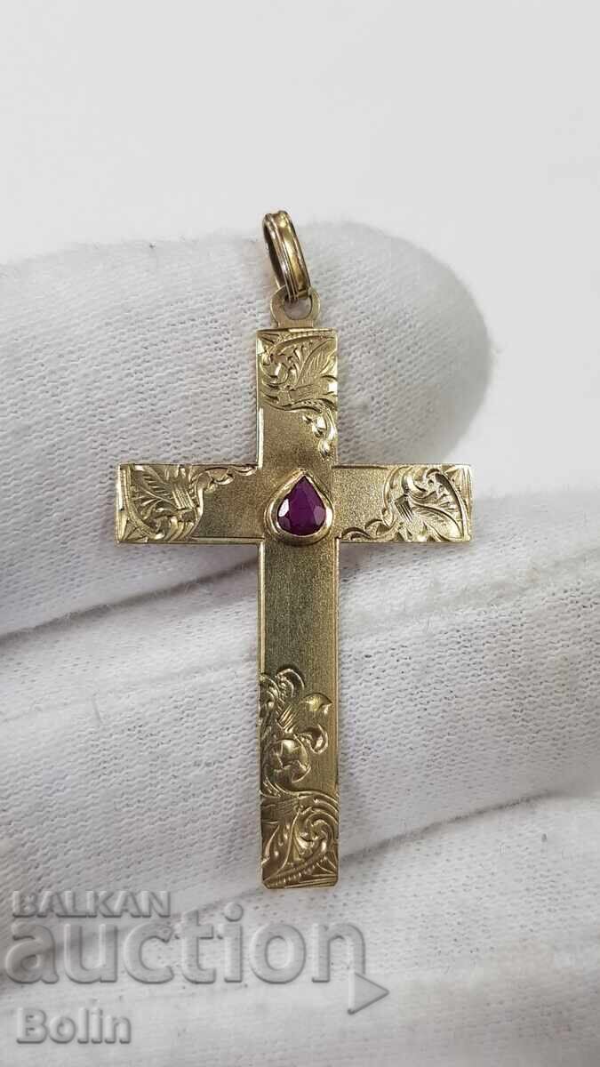 Παράδοση Κομψός χρυσός Βικτοριανός σταυρός, σταυρουδάκι με ρουμπίνι 19ου αιώνα