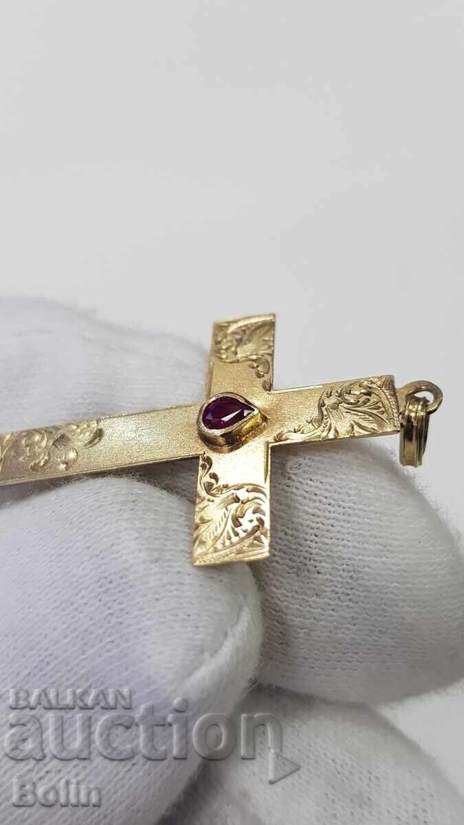 Κομψός χρυσός Βικτοριανός σταυρός, σταυρουδάκι με ρουμπίνι 19ου αιώνα - 5