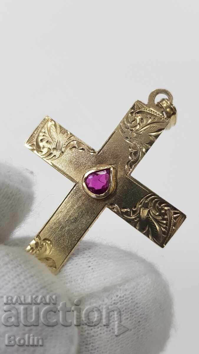 Κομψός χρυσός Βικτοριανός σταυρός, σταυρουδάκι με ρουμπίνι 19ου αιώνα - 6