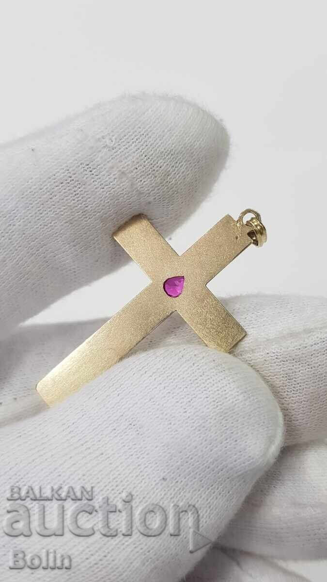 Κομψός χρυσός Βικτοριανός σταυρός, σταυρουδάκι με ρουμπίνι 19ου αιώνα - 7