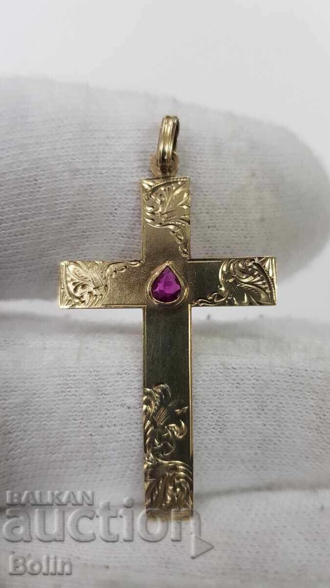 Κομψός χρυσός Βικτοριανός σταυρός, σταυρουδάκι με ρουμπίνι 19ου αιώνα