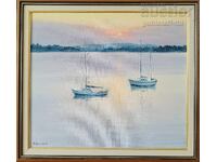 Tablou, bărci, apus, pictor Rosen Poptomov