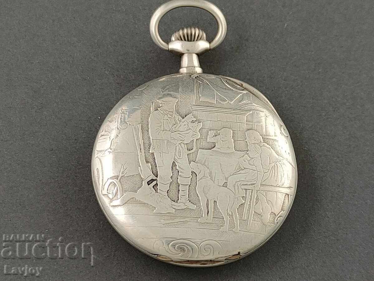 Παράδοση Ασημένιο ρολόι τσέπης με σκηνή κυνηγιού Παράδοση Ασημένιο ρολόι τσέπης με σκηνή κυνηγιού