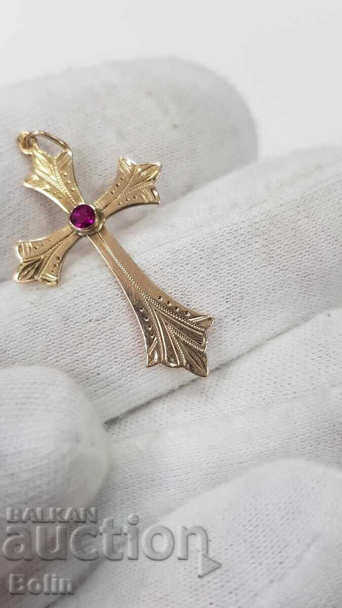 Аукцион Рядък стар златен кръст кръстче с рубин края на 19в 14карата