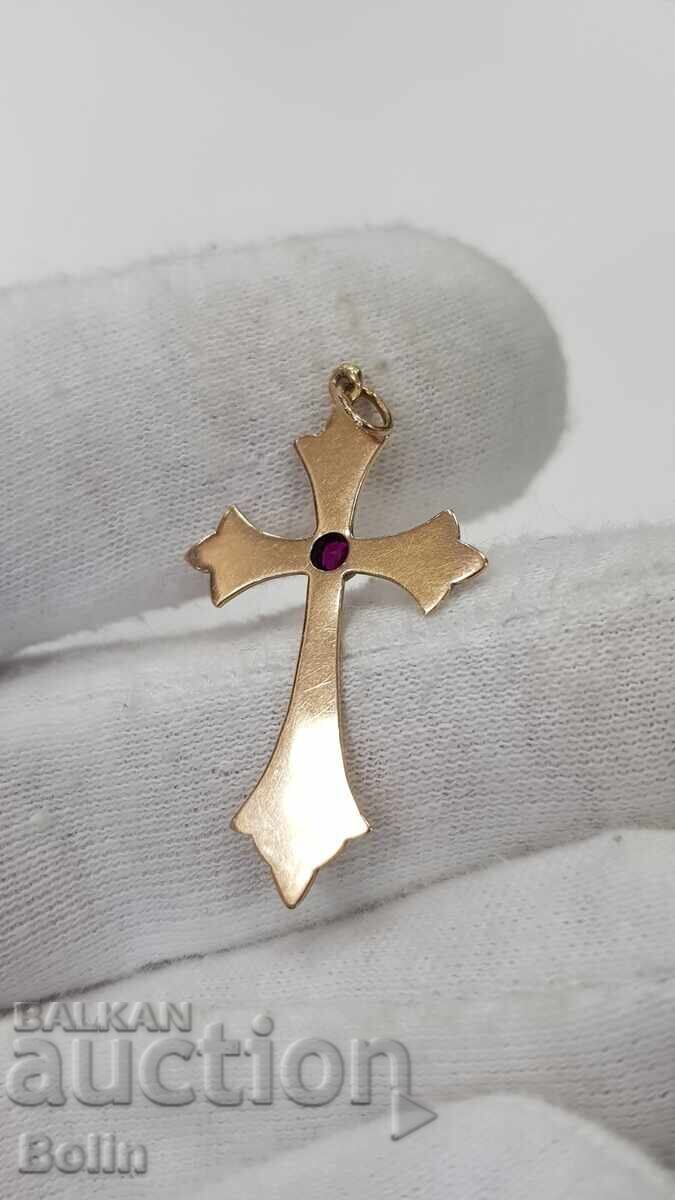 Рядък стар златен кръст кръстче с рубин края на 19в 14карата - 5