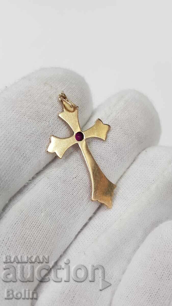 Рядък стар златен кръст кръстче с рубин края на 19в 14карата - 6