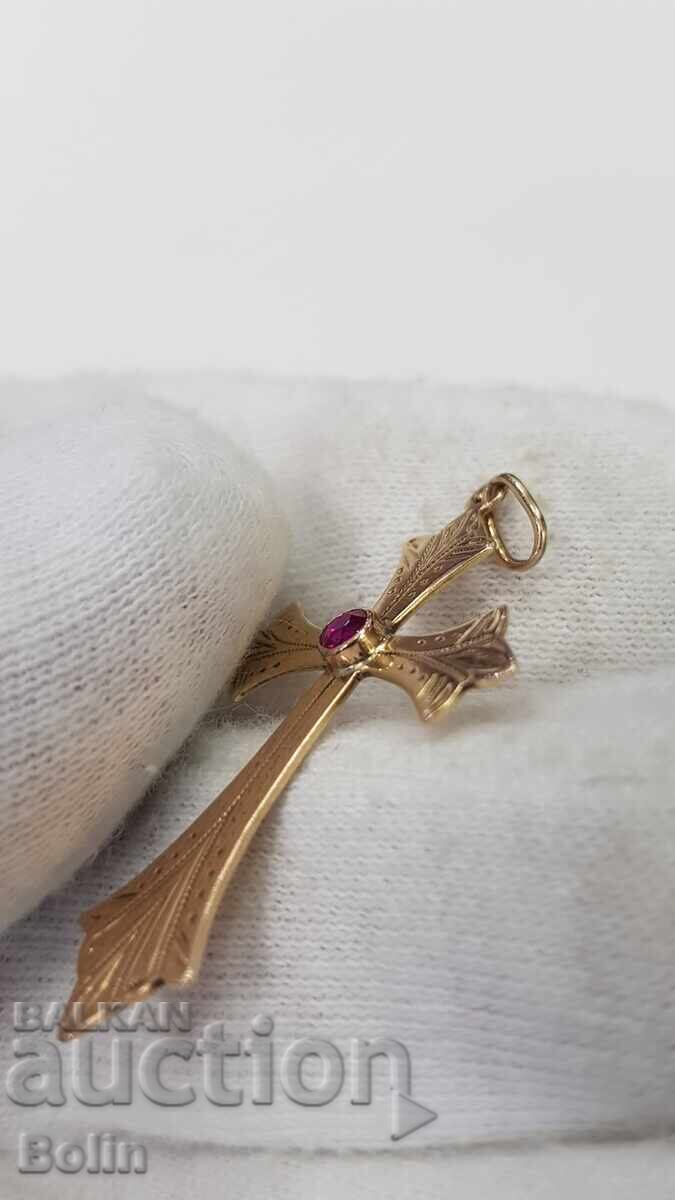 Рядък стар златен кръст кръстче с рубин края на 19в 14карата - 7