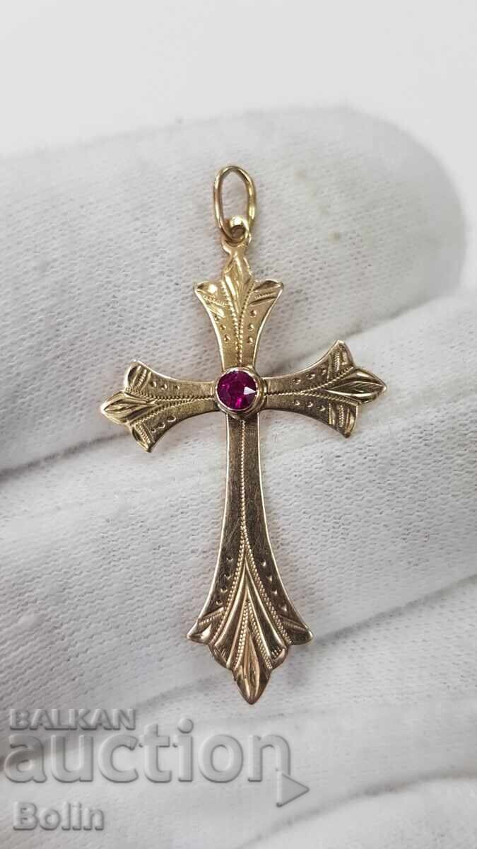 Рядък стар златен кръст кръстче с рубин края на 19в 14карата