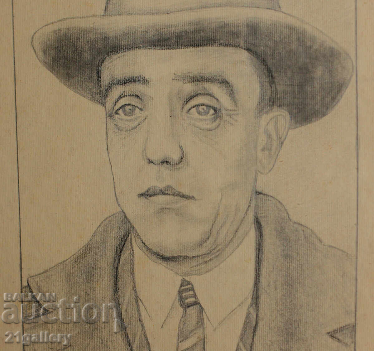 Desen vechi în creion, portret de bărbat cu pălărie, semnat - 5