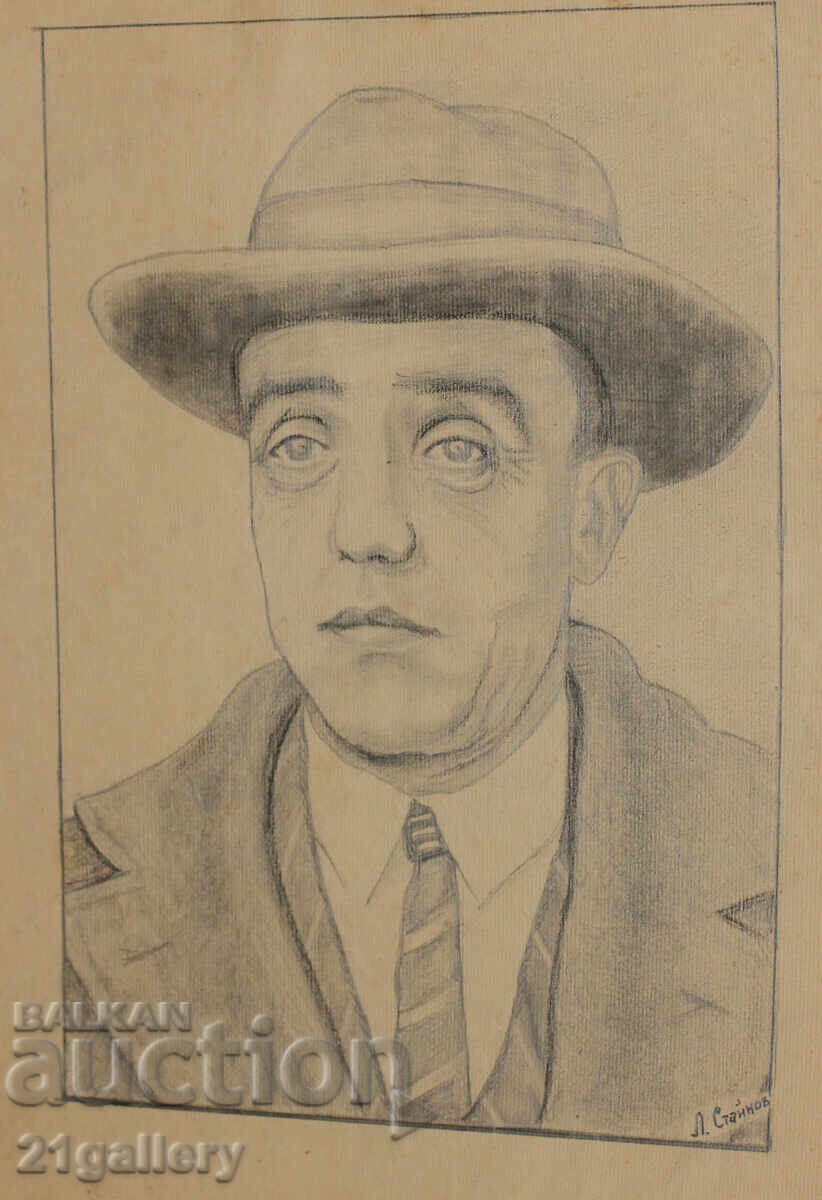 Desen vechi în creion, portret de bărbat cu pălărie, semnat