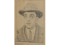 Old pencil drawing portrait of a man with a hat, signed