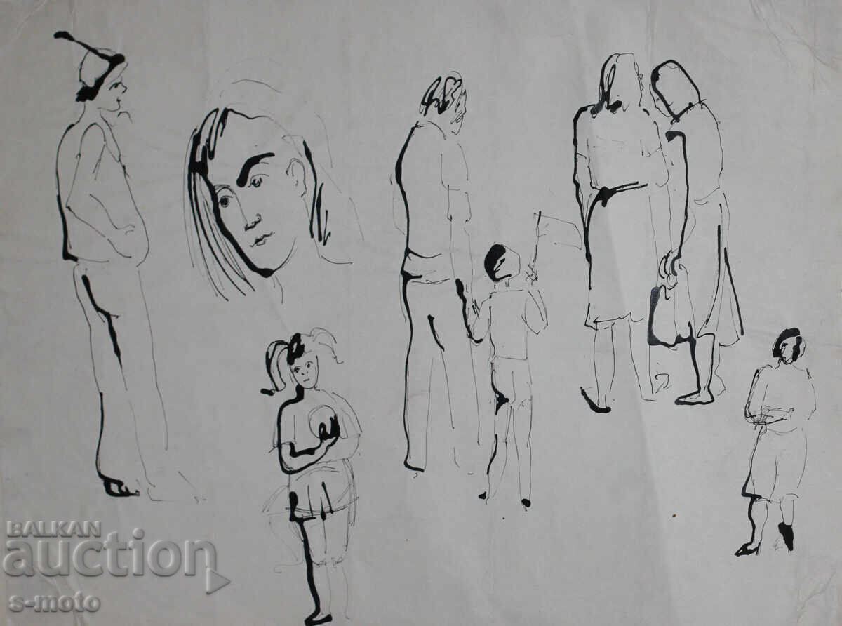 Παλιά ζωγραφιά με μελάνι, φιγούρες, μέσα 20ου αιώνα με τιμή 180.00 BGN | € 92.03
