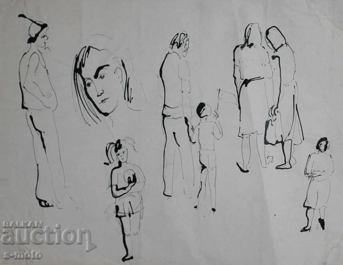 Δημοπρασία Παλιά ζωγραφιά με μελάνι, φιγούρες, μέσα 20ου αιώνα