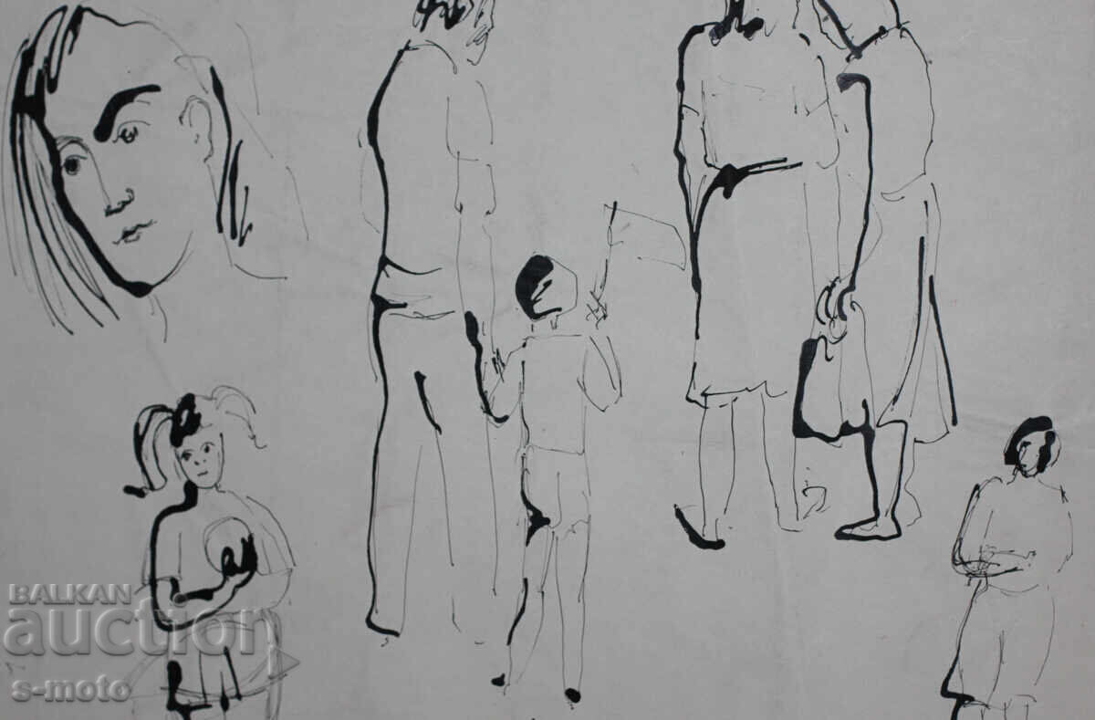 Παλιά ζωγραφιά με μελάνι, φιγούρες, μέσα 20ου αιώνα - 6