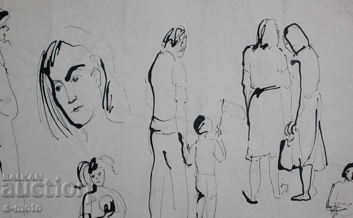 Παλιά ζωγραφιά με μελάνι, φιγούρες, μέσα 20ου αιώνα - 7