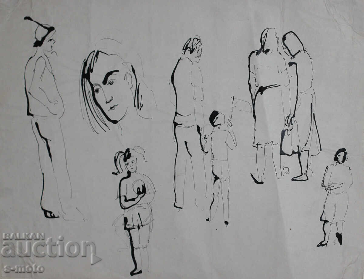 Παλιά ζωγραφιά με μελάνι, φιγούρες, μέσα 20ου αιώνα