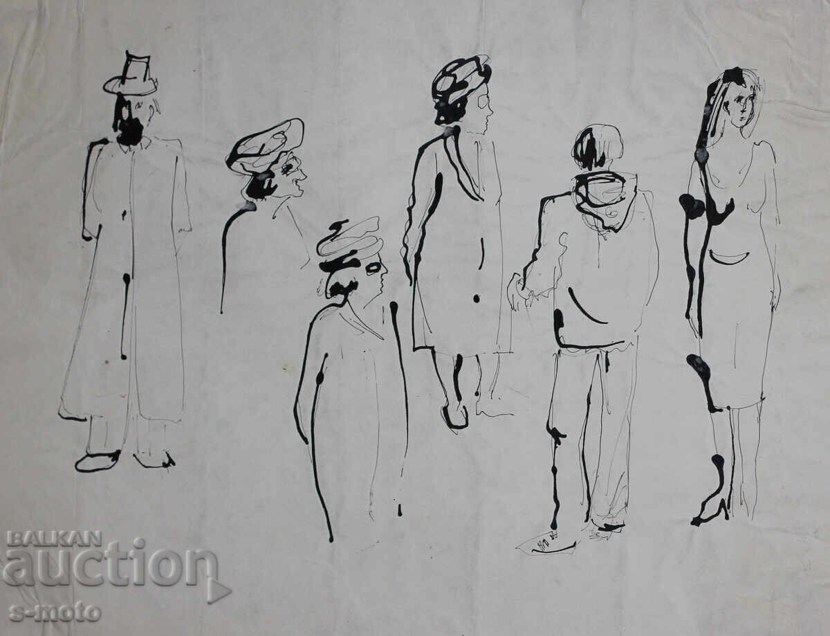Δημοπρασία Παλιά ζωγραφιά με μελάνι, φιγούρες, μέσα 20ου αιώνα