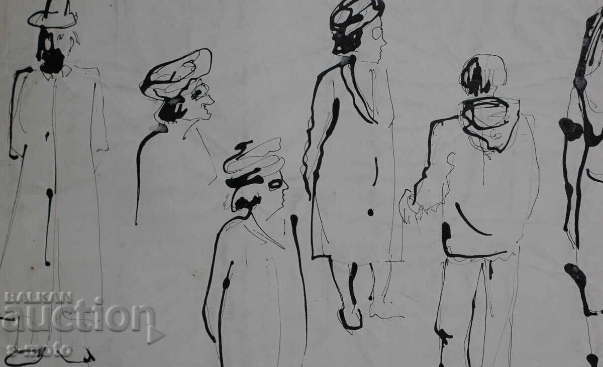 Παλιά ζωγραφιά με μελάνι, φιγούρες, μέσα 20ου αιώνα - 5