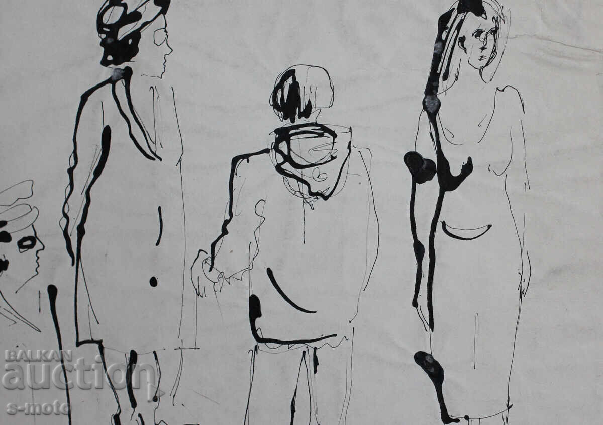 Παλιά ζωγραφιά με μελάνι, φιγούρες, μέσα 20ου αιώνα - 6