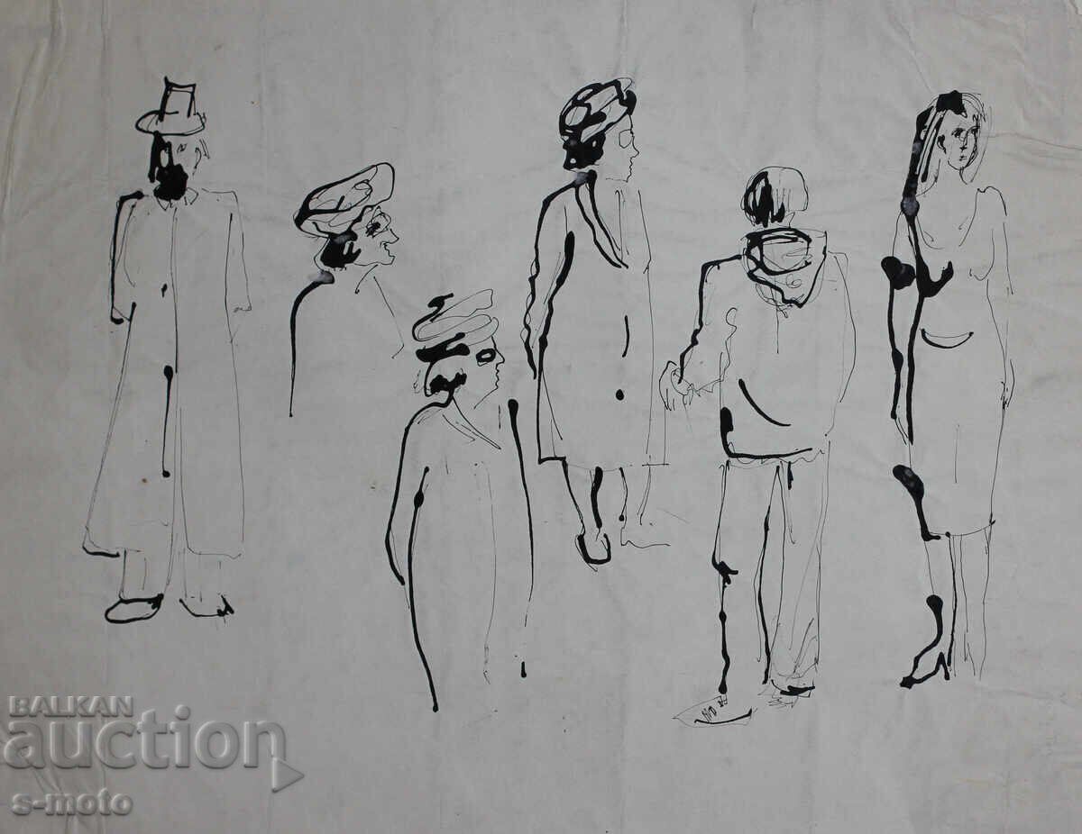 Παλιά ζωγραφιά με μελάνι, φιγούρες, μέσα 20ου αιώνα