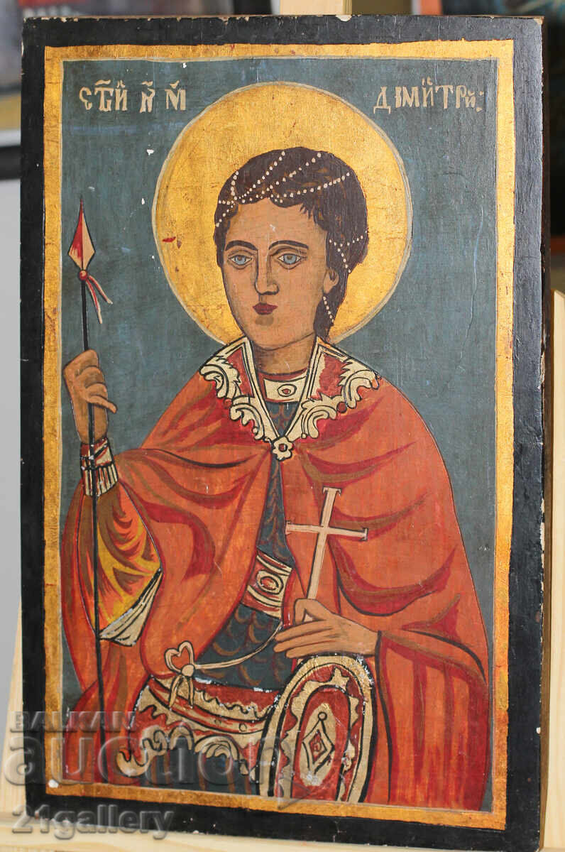 Licitație Veche icoană pictată manual din secolul al XIX-lea a Sfântului Dimitrie