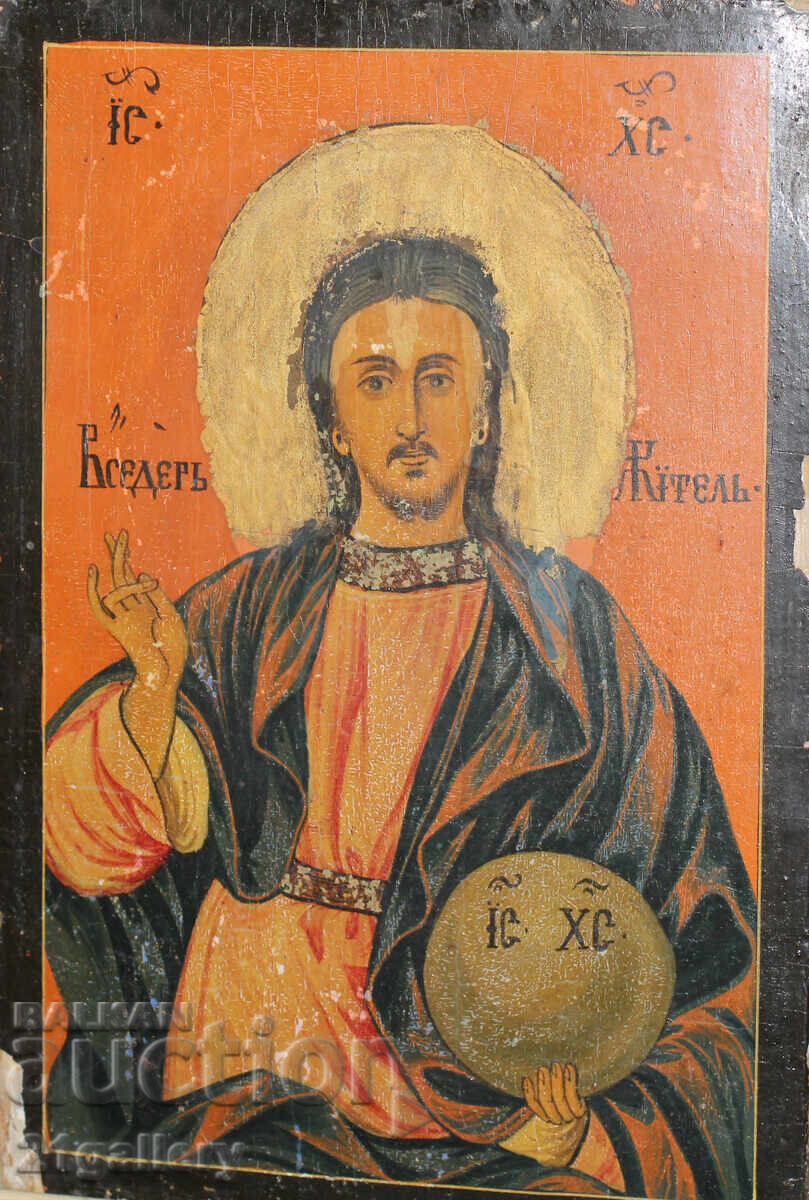 Icoană pictată manual din secolul al XIX-lea a lui Iisus Hristos Pantocrator