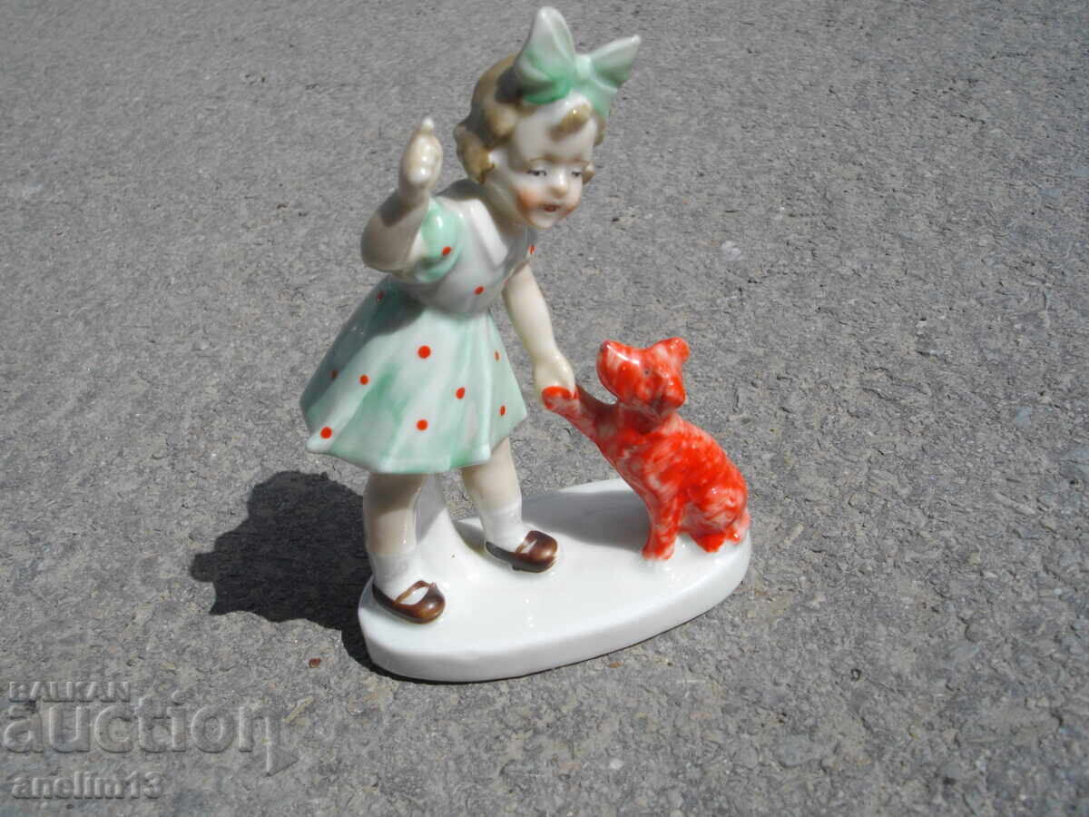 OLD PORCELAIN GIRL WITH DOG MARKED