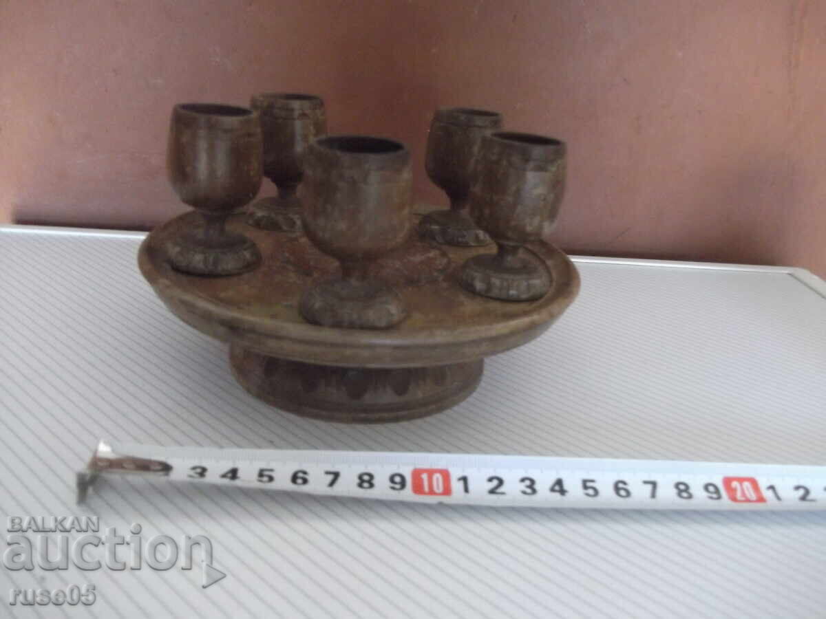 Δίσκος ξύλινος σκαλιστός με 5 ξύλινα φλιτζάνια