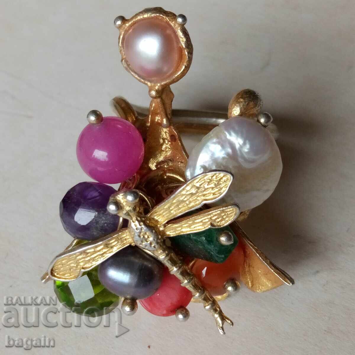 Unique silver ring with gold plating