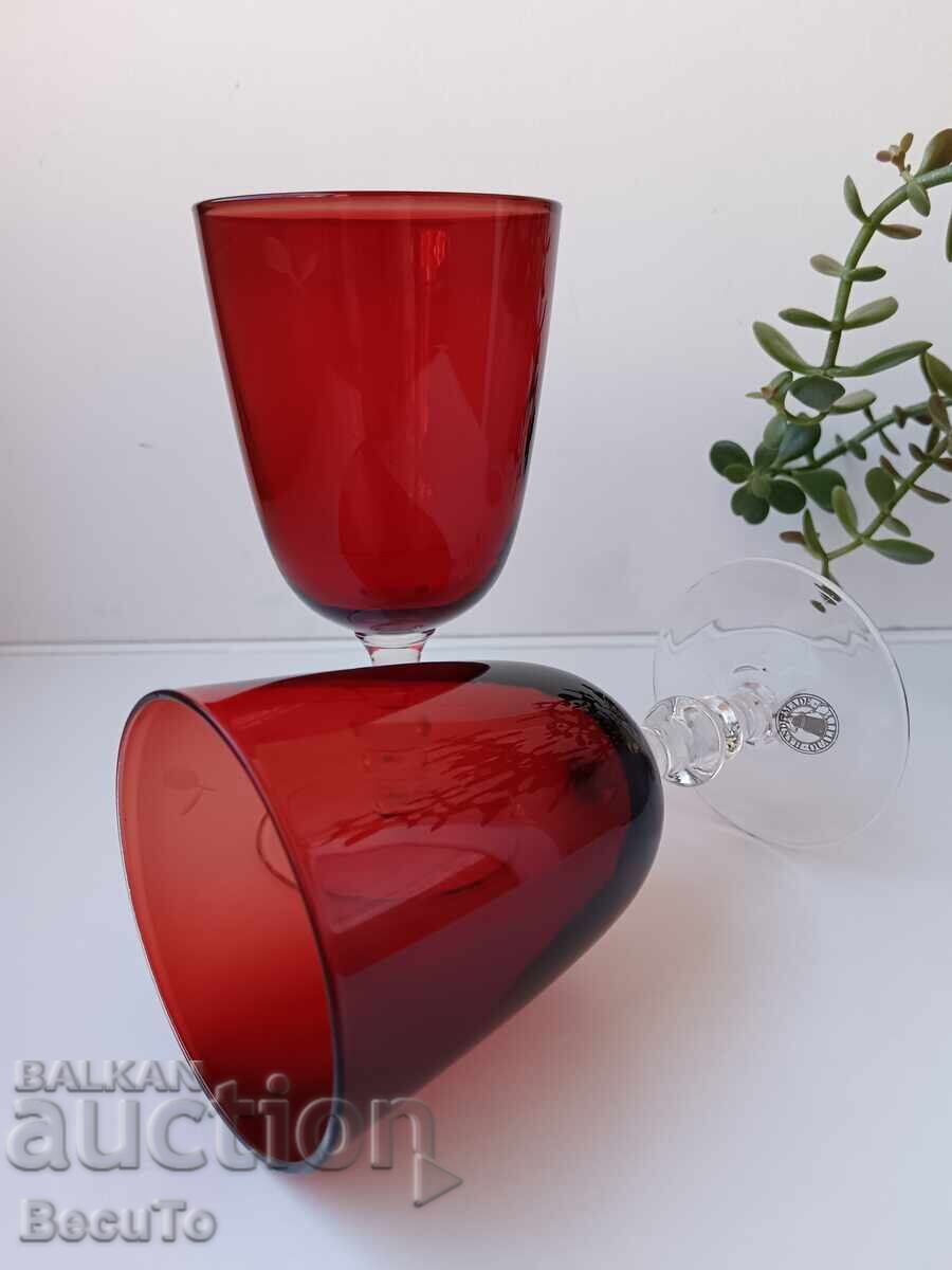 Delivery of 2 Red Cups, Handmade, Blown Glass, Marked
