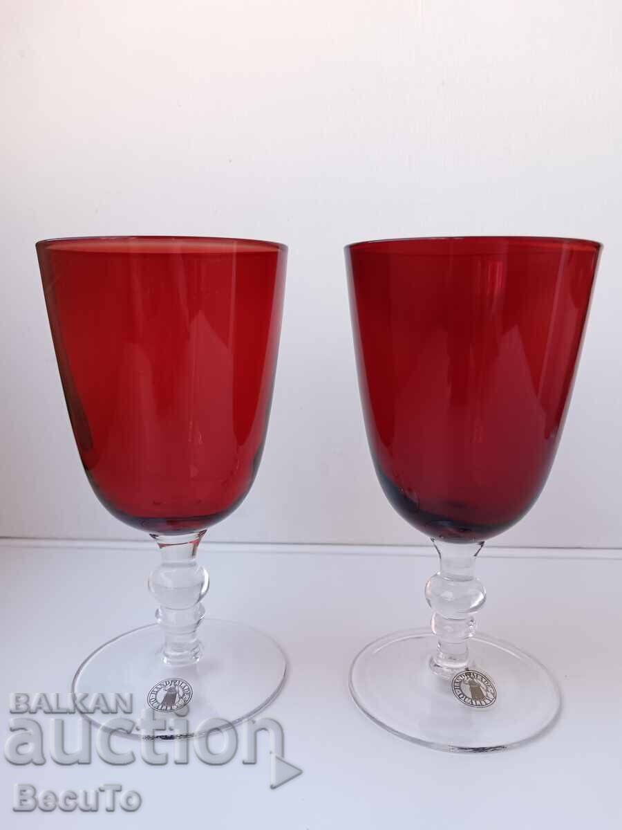 2 Red Cups, Handmade, Blown Glass, Marked