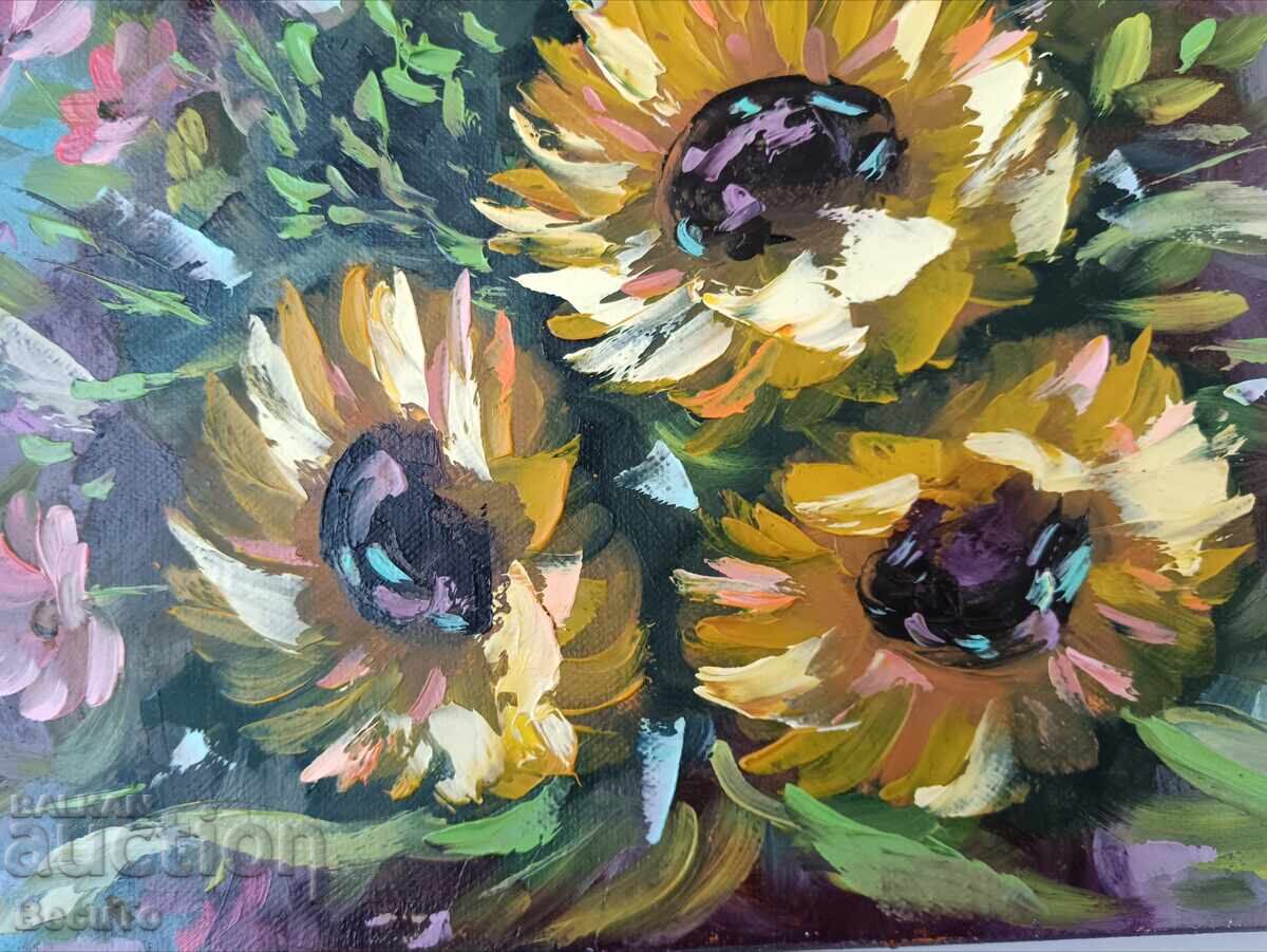 Рисувана картина, маслени бои, слънчогледи, натюрморт, НОВА с цена 70.00 лв. | € 35.79 Рисувана картина, маслени бои, слънчогледи, натюрморт, НОВА с цена 70.00 лв. | € 35.79
