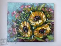 Painted picture, oil paints, sunflowers, still life, NEW