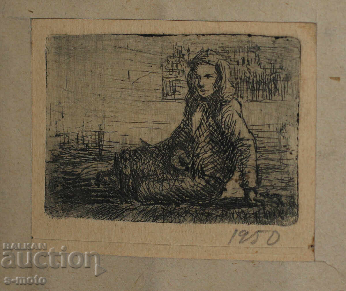 Old graphic, drypoint, portrait 1950s Old graphic, drypoint, portrait 1950s