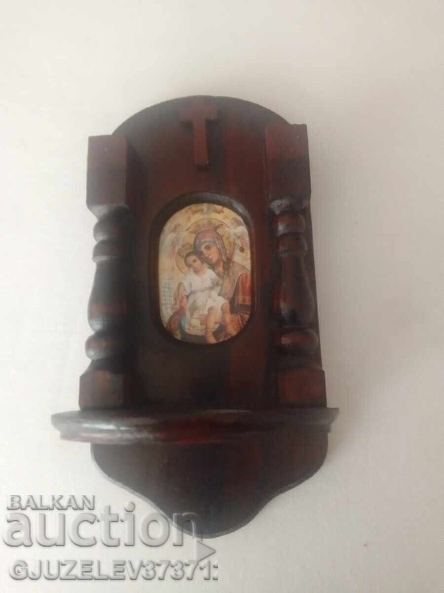 Δημοπρασία Ξύλινο παλιό οικιακό εικονοστάσι με καντήλι και εικόνα