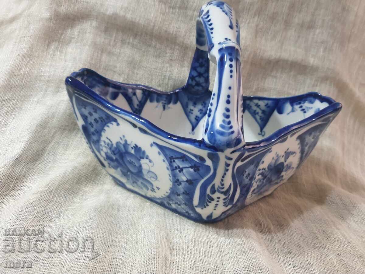 Porcelain author's bonbonniere, fruit bowl, basket Gzhel